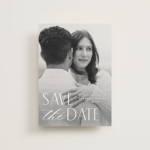 This is a snow save the date postcards with standard by Pixel and Hank called yours forever printing on signature in postcard