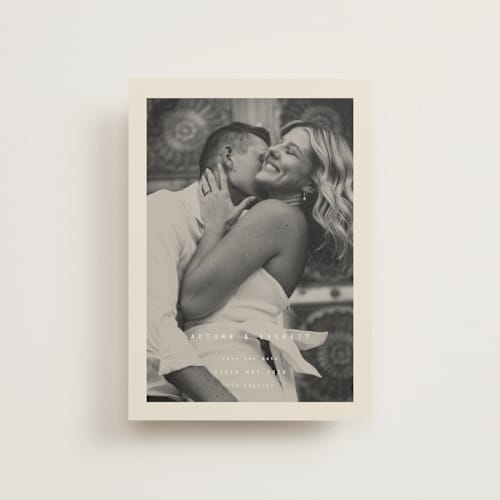 This is a vanilla save the date postcards with standard by Blustery August called nonnette printing on signature in postcard