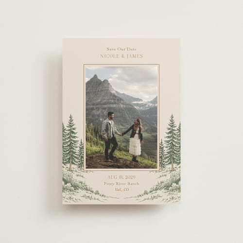 This is a forest save the date postcards with standard by Elly called whispering pines printing on signature in postcard