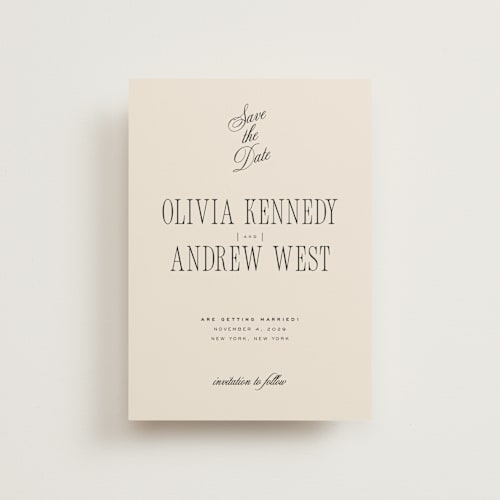 This is a almond save the date postcards with standard by Eric Clegg called modern romance printing on signature in postcard