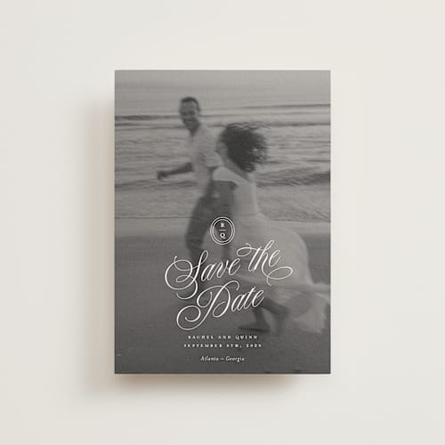 This is a ivory save the date postcards with standard by Paper Raven Co. called vintage romance printing on signature in postcard