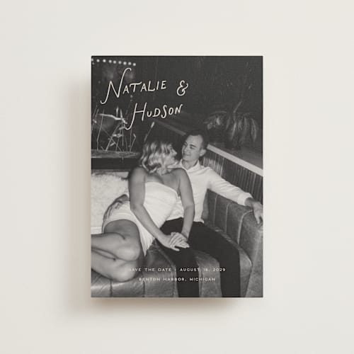 This is a buttercream save the date postcards with standard by Pixel and Hank called lovers printing on signature in postcard