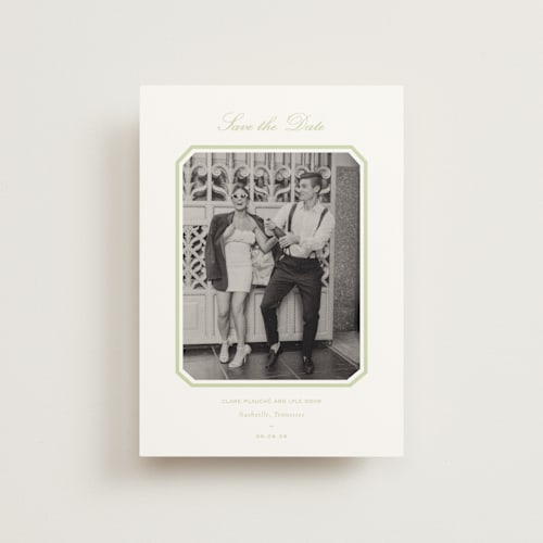 This is a mint save the date postcards with standard by Sara Hicks Malone called montgomery printing on signature in postcard