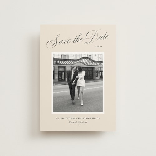 This is a champagne save the date postcards with standard by Sara Hicks Malone called belle meade printing on signature in postcard