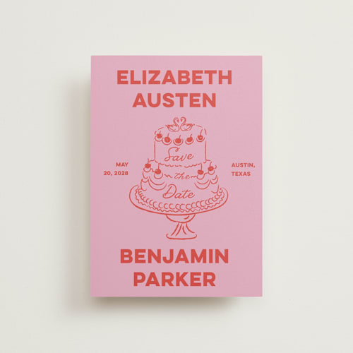 This is a cherry save the date postcards with standard by Helena Vitto called the cake printing on signature in postcard