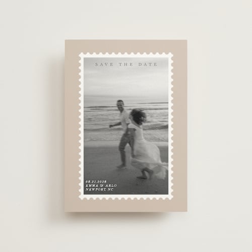 This is a taupe save the date postcards with standard by Claire called stamp printing on signature in postcard