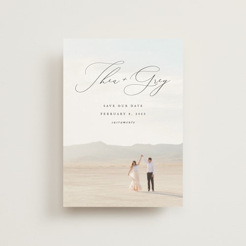 This is a graphite save the date postcards with standard by Snow and Ivy called enchantment printing on signature in postcard