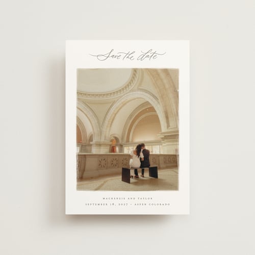 This is a mist save the date postcards with standard by Wildfield Paper Co called drift printing on signature in postcard
