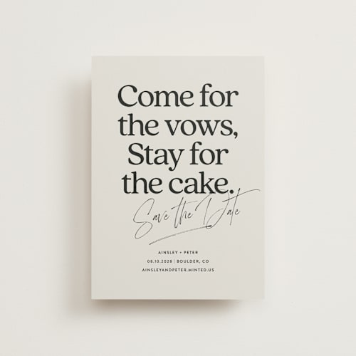 This is a dark chocolate save the date postcards with standard by Jackie Crawford called stay for cake printing on signature in postcard