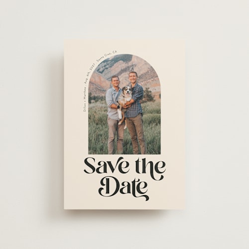 This is a desert save the date postcards with standard by Morgan Kendall called retro arch printing on signature in postcard