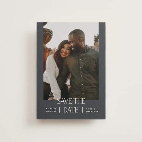This is a midnight save the date postcards with standard by Pixel and Hank called passionate printing on signature in postcard