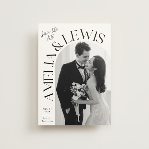 This is a ivory save the date postcards with standard by Alethea and Ruth called side curve printing on signature in postcard