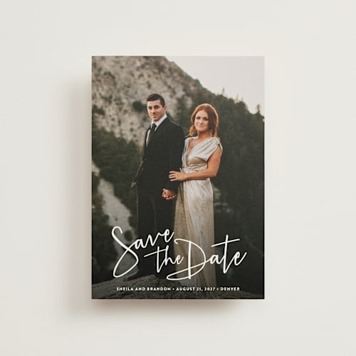 This is a cloud save the date postcards with standard by Hooray Creative called stylish script printing on signature in postcard