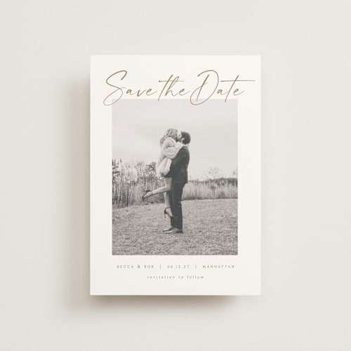 This is a ivory save the date postcards with standard by AK Graphics called flash dance printing on signature in postcard