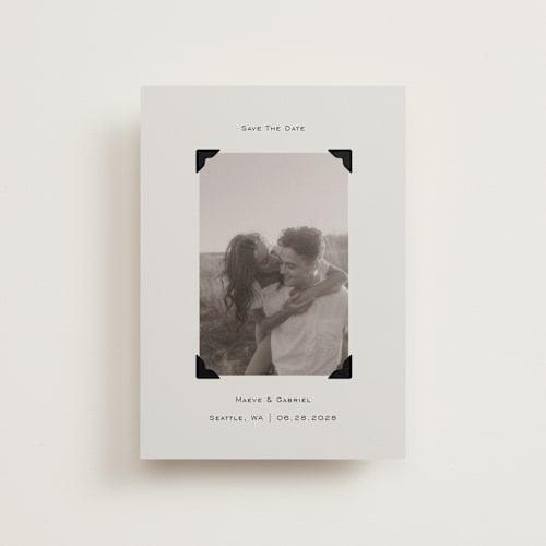 This is a cream save the date postcards with standard by Jenny Millington called scrapbook frame printing on signature in postcard