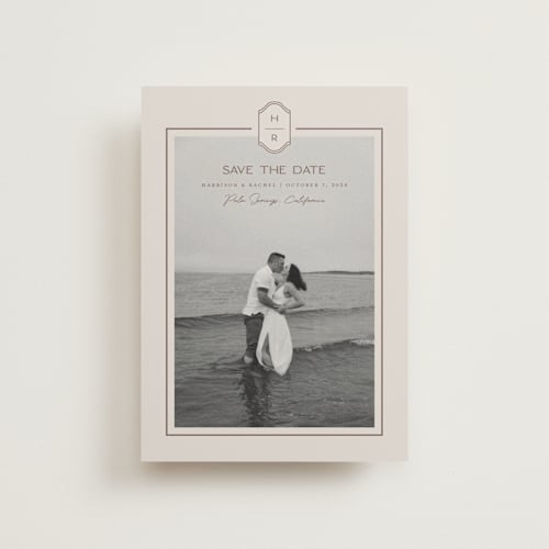 This is a dove save the date postcards with standard by Rachelle Clarke called modern monogram printing on signature in postcard