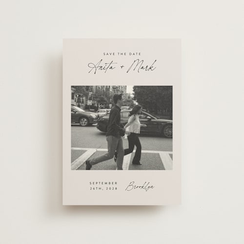 This is a eggshell save the date postcards with standard by Paper Raven Co. called moment in time printing on signature in postcard