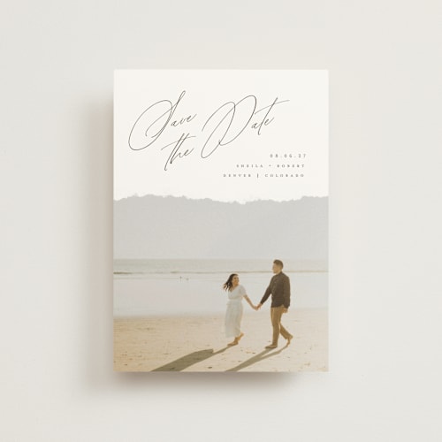This is a moonstone save the date postcards with standard by Helen Halik called weightless printing on signature in postcard
