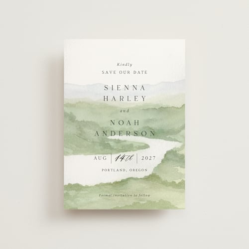 This is a meadow save the date postcards with standard by Elly called the vow printing on signature in postcard