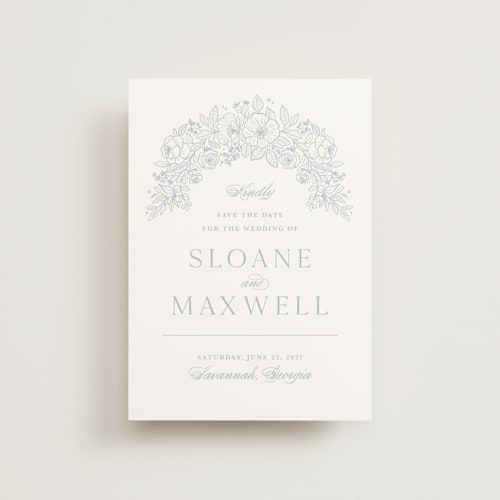 This is a powder blue save the date postcards with standard by Kristen Smith called wild roses printing on signature in postcard