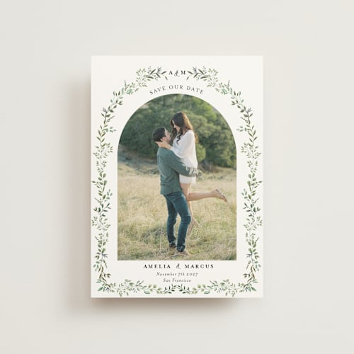This is a mojito save the date postcards with standard by Susan Moyal called monogramed arch printing on signature in postcard