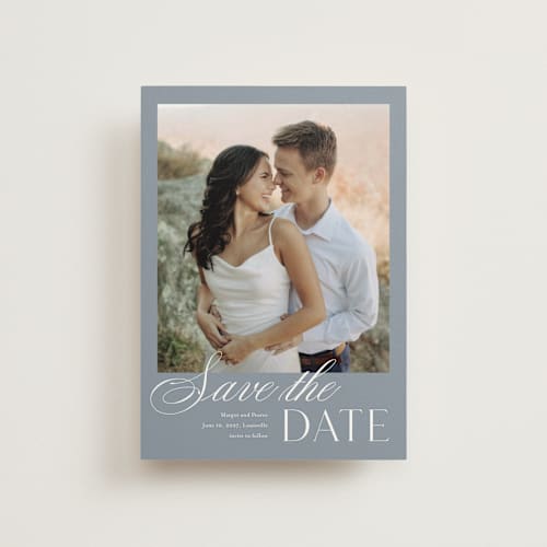 This is a french blue save the date postcards with standard by Stacey Meacham called classic manor printing on signature in postcard