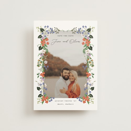 This is a lotus save the date postcards with standard by Sarah Knight called tropicana printing on signature in postcard