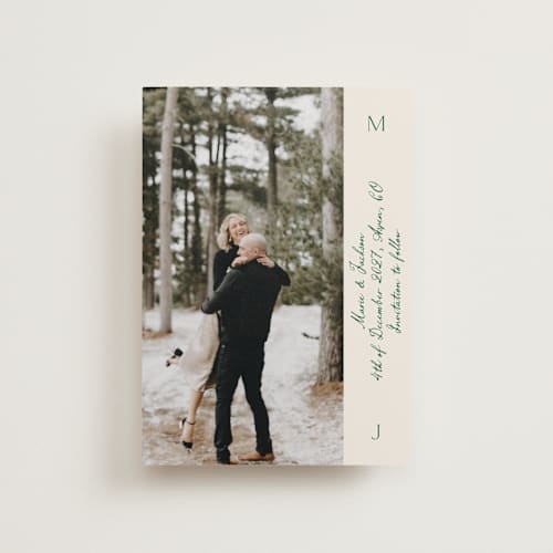 This is a ivory save the date postcards with standard by Petra Kern called simple scripty printing on signature in postcard