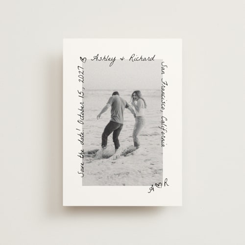 This is a graphite save the date postcards with standard by Claudia Orengo called showered printing on signature in postcard