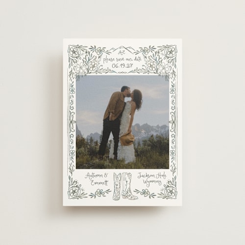 This is a meadow save the date postcards with standard by Jenna Holcomb called jackson hole printing on signature in postcard