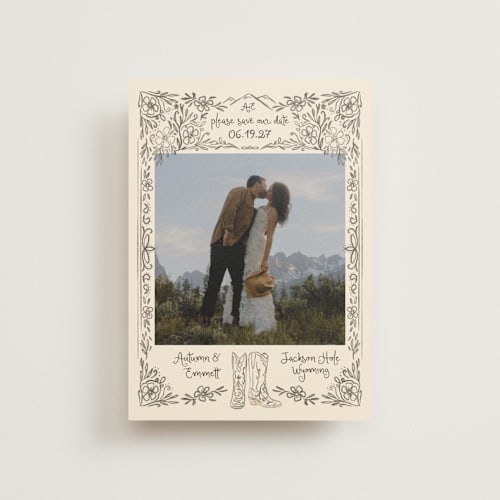 This is a leather save the date postcards with standard by Jenna Holcomb called jackson hole printing on signature in postcard