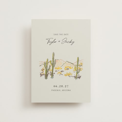 This is a olive save the date postcards with standard by Cass Loh called desert crayon drawing printing on signature in postcard