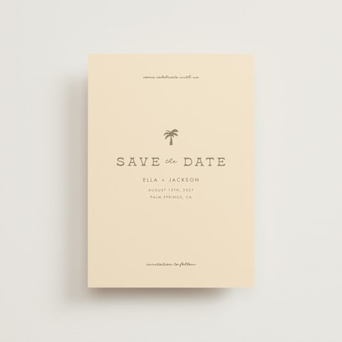 This is a sand save the date postcards with standard by Olivia Goree called vacation printing on signature in postcard
