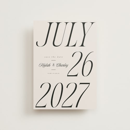 This is a ivory save the date postcards with standard by Melanie Kosuge called grand printing on signature in postcard