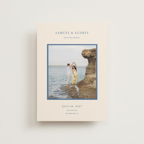 This is a beach blue save the date postcards with standard by Ani Somi called bermuda printing on signature in postcard