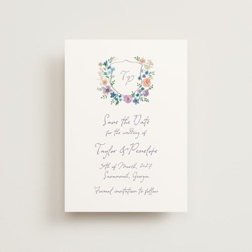 This is a lavender save the date postcards with standard by Cass Loh called wildflowers crest printing on signature in postcard