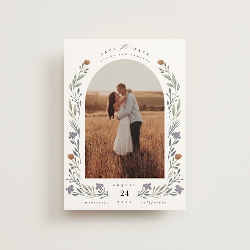 This is a rust save the date postcards with standard by Hannah Williams called floral arch printing on signature in postcard