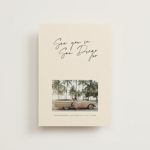 This is a mellow save the date postcards with standard by Inkblot Design called heated printing on signature in postcard