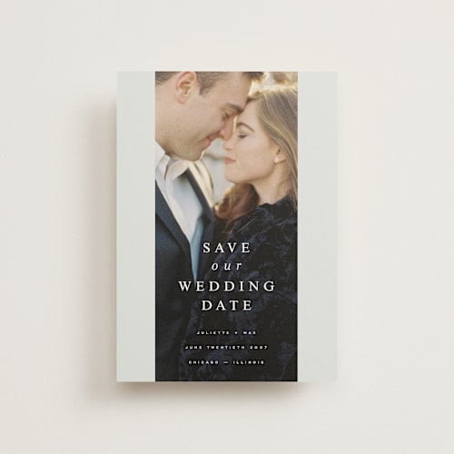 This is a crystal save the date postcards with standard by Design Lotus called french love story printing on signature in postcard