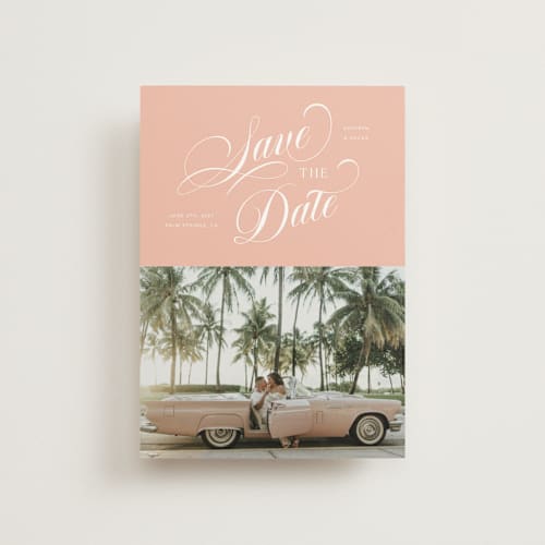 This is a peach save the date postcards with standard by Morgan Kendall called palm springs printing on signature in postcard