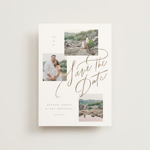 This is a sandstone save the date postcards with standard by Erin L. Wilson called let's escape printing on signature in postcard
