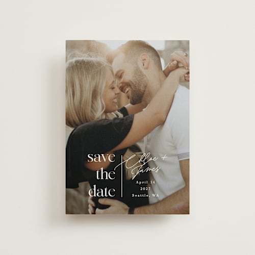 This is a pearl save the date postcards with standard by Alethea and Ruth called simple detail stacks printing on signature in postcard