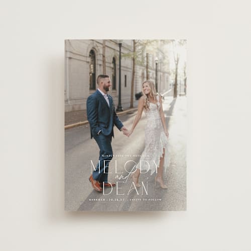This is a frost save the date postcards with standard by Kim Thoa called let's walk together printing on signature in postcard