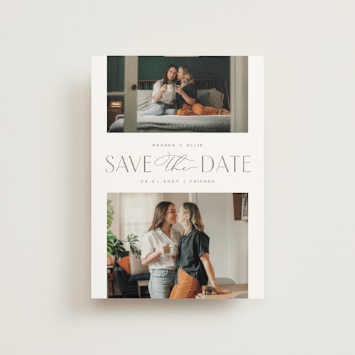 This is a sandstone save the date postcards with standard by Pixel and Hank called duet printing on signature in postcard