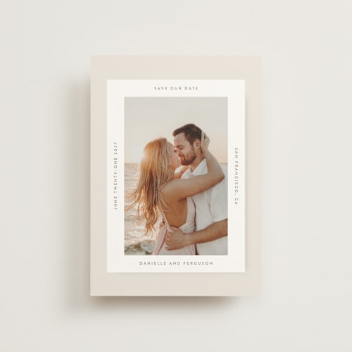 This is a ivory save the date postcards with standard by Tamara Hilje called horizonte printing on signature in postcard