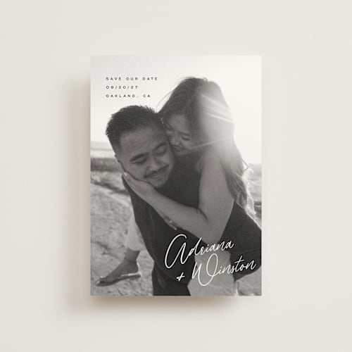 This is a cotton save the date postcards with standard by Hooray Creative called adriana printing on signature in postcard