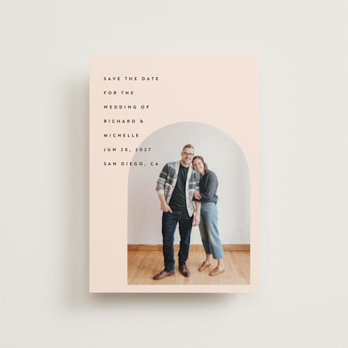 This is a blush save the date postcards with standard by Katie Zimpel called minimalist pop printing on signature in postcard