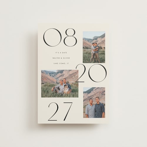 This is a cream save the date postcards with standard by Baumbirdy called delicate date printing on signature in postcard