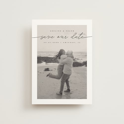 This is a tuxedo save the date postcards with standard by Pixel and Hank called simple details printing on signature in postcard