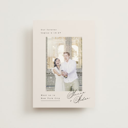 This is a latte save the date postcards with standard by Kristie Kern called our forever printing on signature in postcard